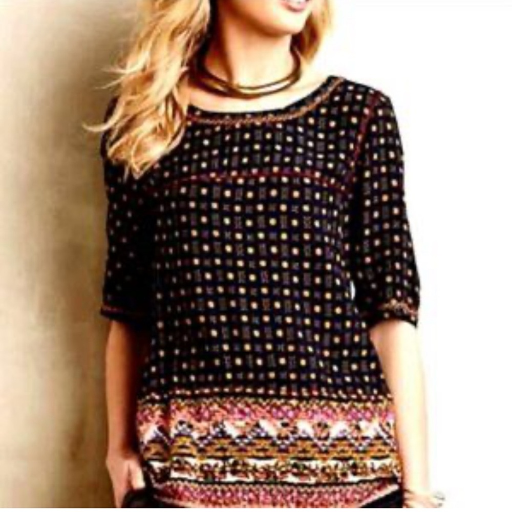 Anthropology Holding Horses Boho Embroidered Black Patterned Top